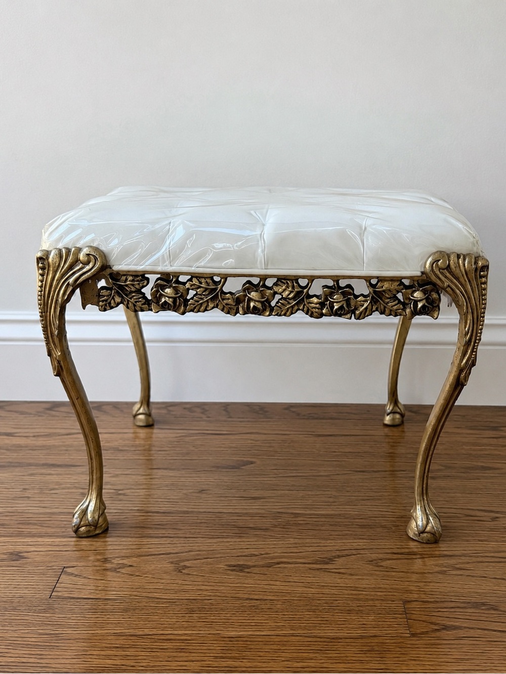 Ornate vintage Gold Vanity Bench/stool with White Tufted Cushion(plastic cover)